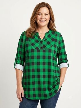 Miusey Green Buffalo Check Tab Sleeve Tunic Top Size 2X NWT P2P 23 In